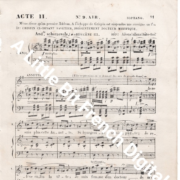 Digital Download Printable 2 Vintage French Music Sheets