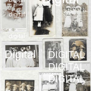 May include: A collection of vintage black and white photographs featuring various groups of people in early 20th-century attire, including hats, long skirts, and dresses, with some images showing handwritten dates like 1914 and 1916 and studio markings.