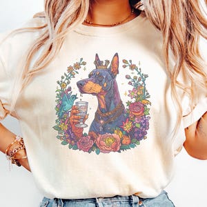 Royal Doberman Shirt,Colorful Dog Lover Tee,Cottagecore Dog Shirt,Boho Floral Dog Shirt,Comfort Colors Tee,Dog Graphic Shirt