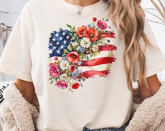 Floral American Flag Shirt,USA Wildflower Tee,Fourth Of July Shirt,Patriotic Flower Shirt,Boho 4th Of July,Retro USA Shirt,July 4th Outfit