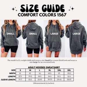 May include: Size chart for an adult hooded sweatshirt in Comfort Colors 1567. The chart shows measurements in inches for width, length, and sleeve length for sizes small, medium, large, extra large, 2XL, and 3XL.