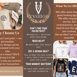 May include: A graphic design shop called "Creation Store" offers custom apparel and personalized designs. The image shows a variety of t-shirts with different designs and text, including "Palm Springs" and "ER".
