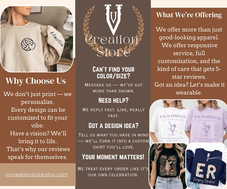 May include: A graphic design shop called "Creation Store" offers custom apparel and personalized designs. The image shows a variety of t-shirts with different designs and text, including "Palm Springs" and "ER".
