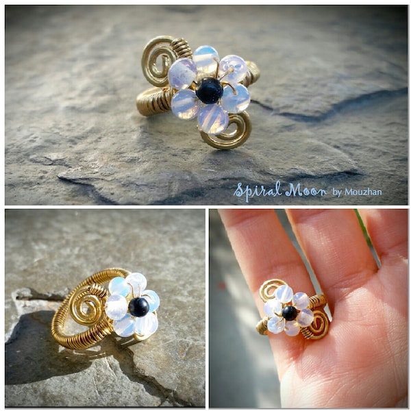 Sorry! Currently sold out--Opalite and brass wire wrapped flower cluster ring