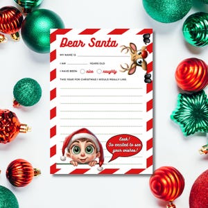 Lista de deseos de Papá Noel / Imprimible adorable para niños / Diseño de elfos y renos que miran a escondidas