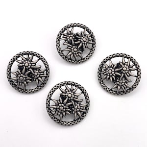Round Silver Tone Metal Edelweiss Flower Bouquet Set of 4 Shank Buttons Floral Motif 7/8&quot; | Muench Noble Button