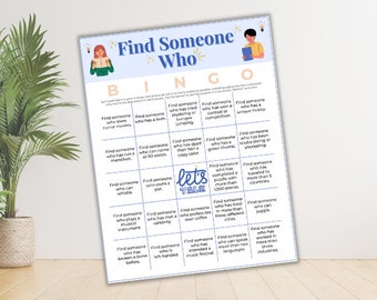 Juego de bingo Find Someone Who, rompehielos y juego de fiesta para la oficina, bodas, eventos, trabajo en equipo, tarjetas de bingo imprimibles para conocerse
