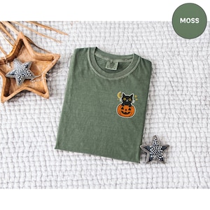 Comfort Colors Embroidered TShirt, Halloween Black Cat Pumpkin Top