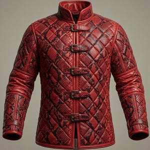 May include: Red and black quilted leather jacket with a snakeskin pattern. The jacket features a stand-up collar, three buckle closures, and quilted detailing. The sleeves have a similar snakeskin pattern.