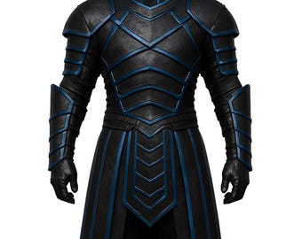 May include: Black and blue armor set with intricate detailing. The armor features a high collar, shoulder pads, and segmented arm and leg protection. Blue accents highlight the edges and seams of the armor, creating a striking contrast.