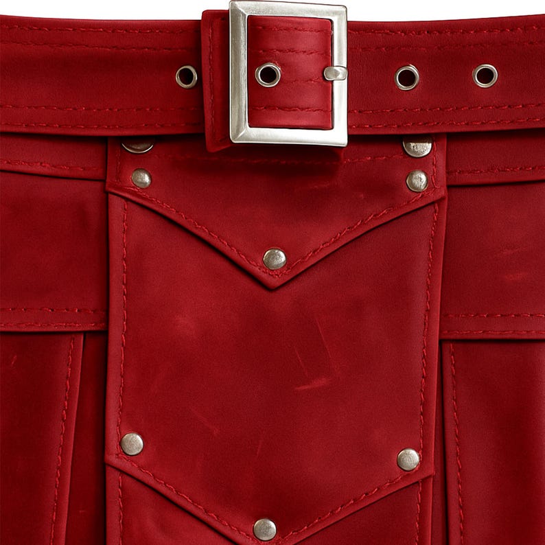 Puede incluir: Primer plano de una prenda de cuero roja con hebilla y remaches plateados. El cintur&oacute;n presenta una hebilla rectangular plateada y varios ojales. La prenda tiene un bolsillo con remaches decorativos.
