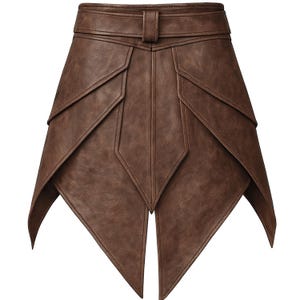 May include: A brown leather skirt with a unique geometric design. The skirt features a fitted waistband with a belt and buckle. The skirt's panels are cut and sewn to create a layered, pointed hemline. The skirt is made of a smooth, matte leather.