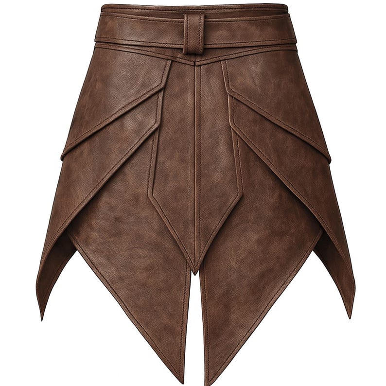 May include: A brown leather skirt with a unique geometric design. The skirt features a fitted waistband with a belt and buckle. The skirt's panels are cut and sewn to create a layered, pointed hemline. The skirt is made of a smooth, matte leather.