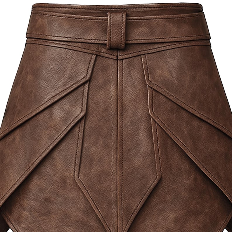 May include: A brown leather skirt with a geometric design. The skirt features a belt with a buckle and detailed stitching. The skirt's panels create a unique, layered effect, showcasing a classic and stylish design.