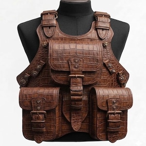 Peut inclure: Un gilet en cuir marron avec un motif texturé en peau de crocodile. Le vêtement comprend trois poches avant avec fermetures à boucle, des bretelles réglables et de petits clous métalliques en forme de tête de lion intégrés au design.