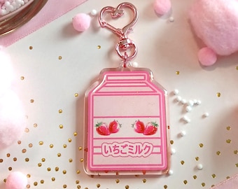 Strawberry Milk Acrylic Bag Charm | 2.5" Kawaii Accessory for Purse, Wallet & Backpack