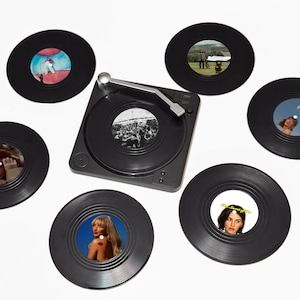 Custom Music Album Vinyl Record Coasters SET of 6 with Turntable Base – Personalized Album Wall Art Coasters for Music Lovers Gifts for Her