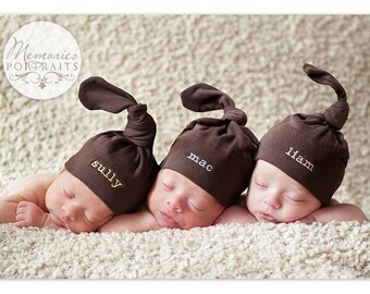 Triplet Baby Hats -  Personalized Embroidery on American Apparel Knot Hats - FREE SHIPPING