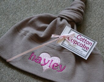 Organic Cinder Cotton Baby Hat - Personalized with Pink Embroidery - American Apparel