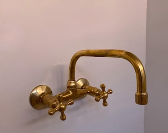 Vintage Brass Wall-Mounted Faucet | Dual Cross Handle Tap | Solid Brass Kitchen or Bathroom Fixture | Rustic Farmhouse Hardware