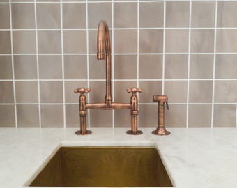 Unlacquered Copper Kitchen Faucet With Linear Legs and sprayer - Antique Solid Copper Sink Fuacet