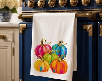 Colorful Watercolor Pumpkins Tea Towel | Hand Towel | Autumn Kitchen Décor | Bathroom Decor
