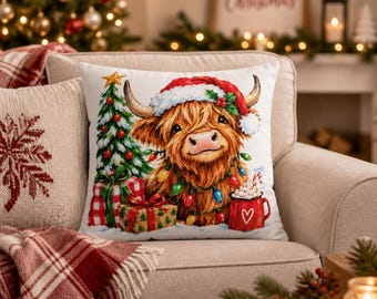 Whimsical Highland Cow Christmas Pillowcase | Festive Holiday Decor (7 Sizes)