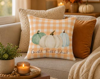 Watercolor Pumpkin Pillowcase | Gingham Fall Decor (Poly Twill)