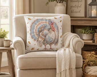 Watercolor Turkey with Gold Foil Leaves | Thanksgiving Pillow Cover | (7 Sizes)