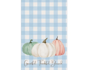 Pastel Pumpkin Trio Tea Towel | Blue Gingham Grateful, Thankful, Blessed Fall Kitchen