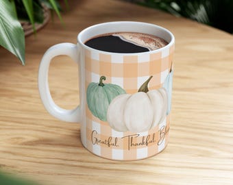 Watercolor Pumpkin Ceramic Mug | Gingham Autumn Coffee Cup (11oz)