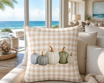 Beige Gingham Pumpkin Pillow Cover, Neutral Farmhouse Fall Decor