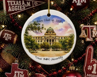 Personalized Texas A&M University Campus Illustration Ceramic Ornament