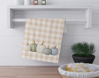 Pumpkin Tea Towel, Fall Kitchen Decor, Beige Gingham Dish Towel, Autumn Farmhouse Home Gift