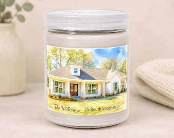 Personalized New House Illustration Candle | Soy Candle, White Lid | 7 Scents | Unscented