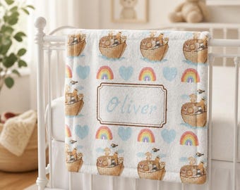 Noah's Ark Rainbows Baby Lovey Blanket | Personalized Name | Minky Soft Blanket