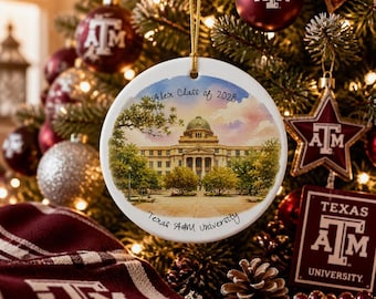 Personalized Texas A&M University Campus Illustration Ceramic Ornament