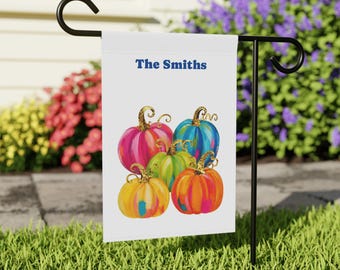 Personalized Whimsical Happy Fall Watercolor Bright Pumpkin Flag | Garden & House Banner | Double Sided Design