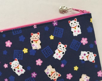 Maneki Neko Zipper Pouch / Pencil Case - Japanese Lucky Cat on Indigo