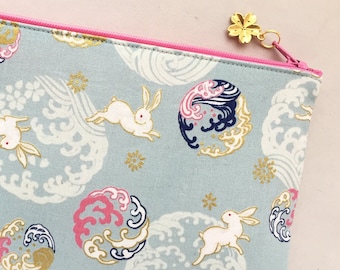 Nami Usagi Zipper Pouch / Cosmetic Pouch 5”x8” - Japanese Traditional Auspicious Pattern - White Rabbits Leaping Over Waves