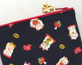 Maneki Neko Zipper Pouch /Coin Purse or Pencil Case - Deep Indigo