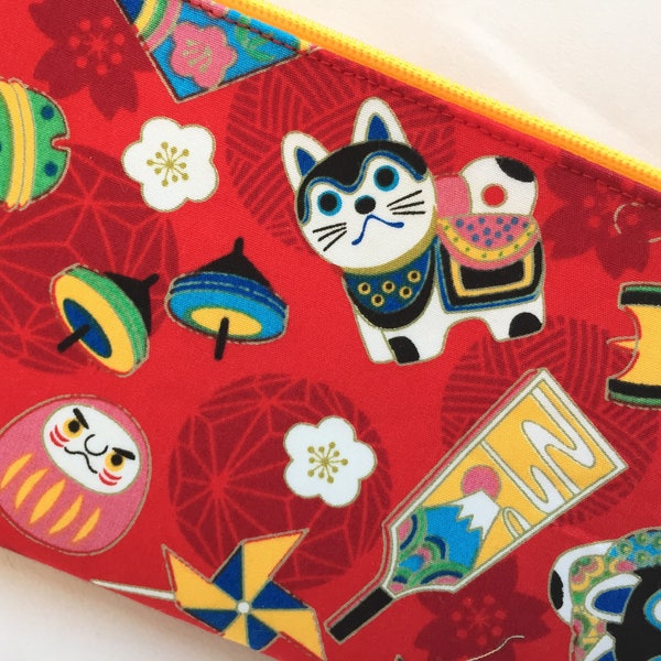 Hariko-inu & Japanese Toys Zipper Pouch / Pencil Case - Red