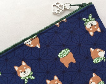 Shiba Inu Zipper Pouch / Coin Purse 3.5”x5” or Pencil Case 4”x8” - Japanese Dog on Asanoha Pattern