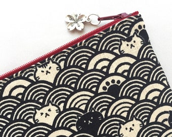 Seigaiha & Neko Zipper Pouch / Coin Purse or Pencil Case - Japanese Traditional Pattern - Ocean Waves and Cat - Black