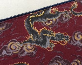 Japanese Dragon Zipper Pouch 6”x9” - Year of the Dragon - Tatsu - Adzuki