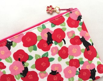 Tsubaki & Neko Zipper Pouch / Coin Purse or Pencil Case - Camellia and Black cat