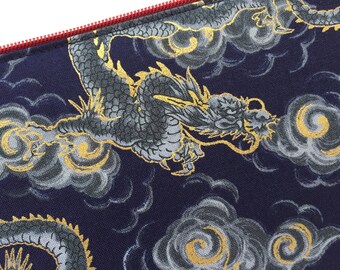 Japanese Dragon Zipper Pouch 6”x9” - Year of the Dragon - Tatsu - Indigo