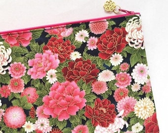 Peony & Chrysanthemum Zipper Pouch / Cosmetic Pouch - Indigo