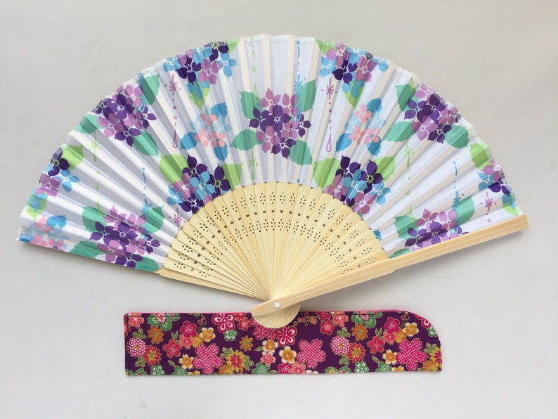 Folding Fan and Case Set - Hydrangea - Purple or Red Purple