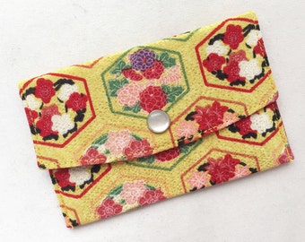 Chirimen Business Card Case/ Gift Card Holder/ Mini Coin Purse - Japanese Traditional Flowers with Kikkou-mon Pattern on Yellow